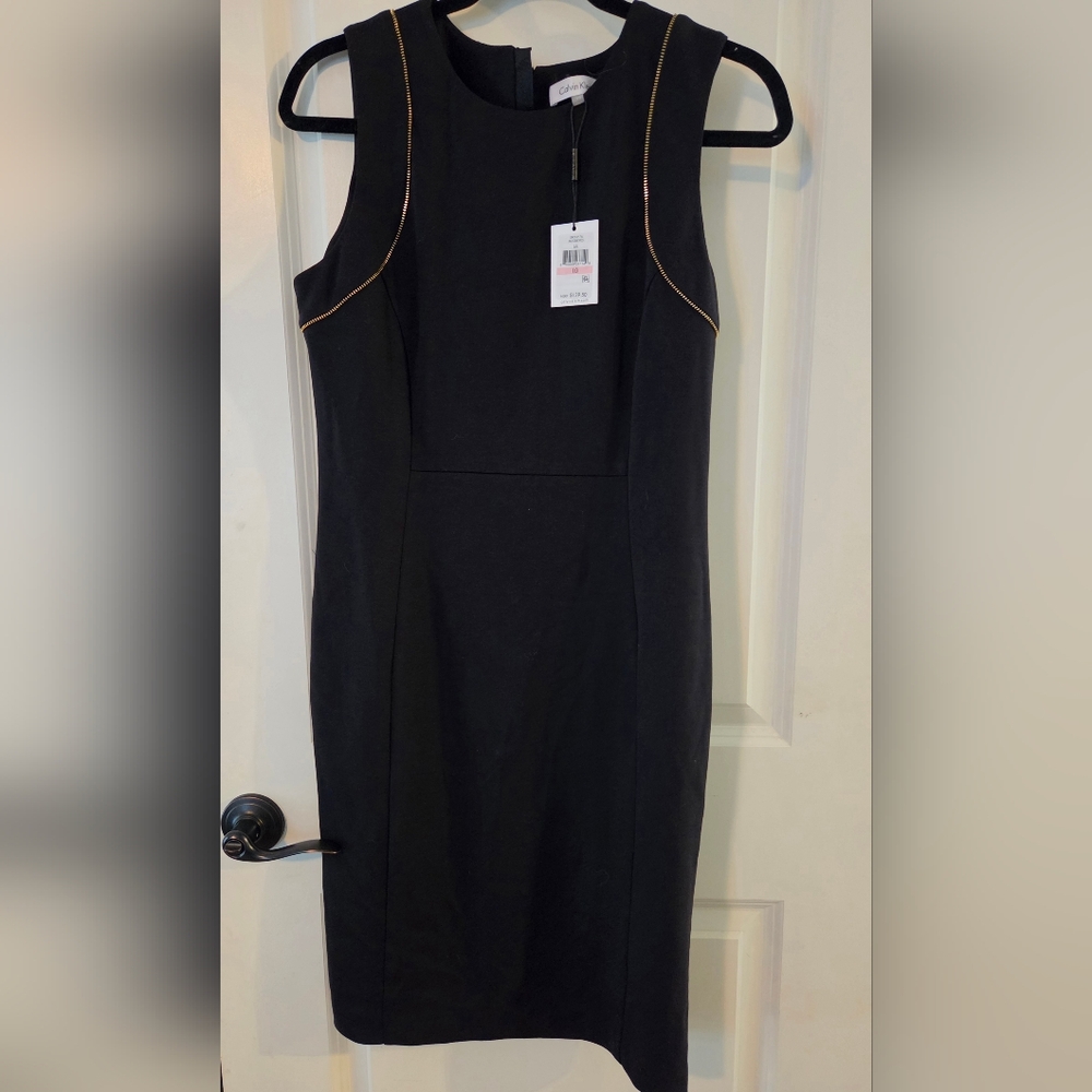 Calvin Klein Black Strapless Sheath Dress with Gold Piping